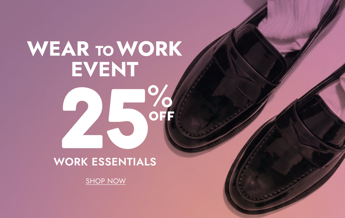 Promotional graphic for a 'Wear to Work Event' with '25% Off Work Essentials' text, featuring a pair of shiny black penny loafers on a pink-to-purple gradient background.