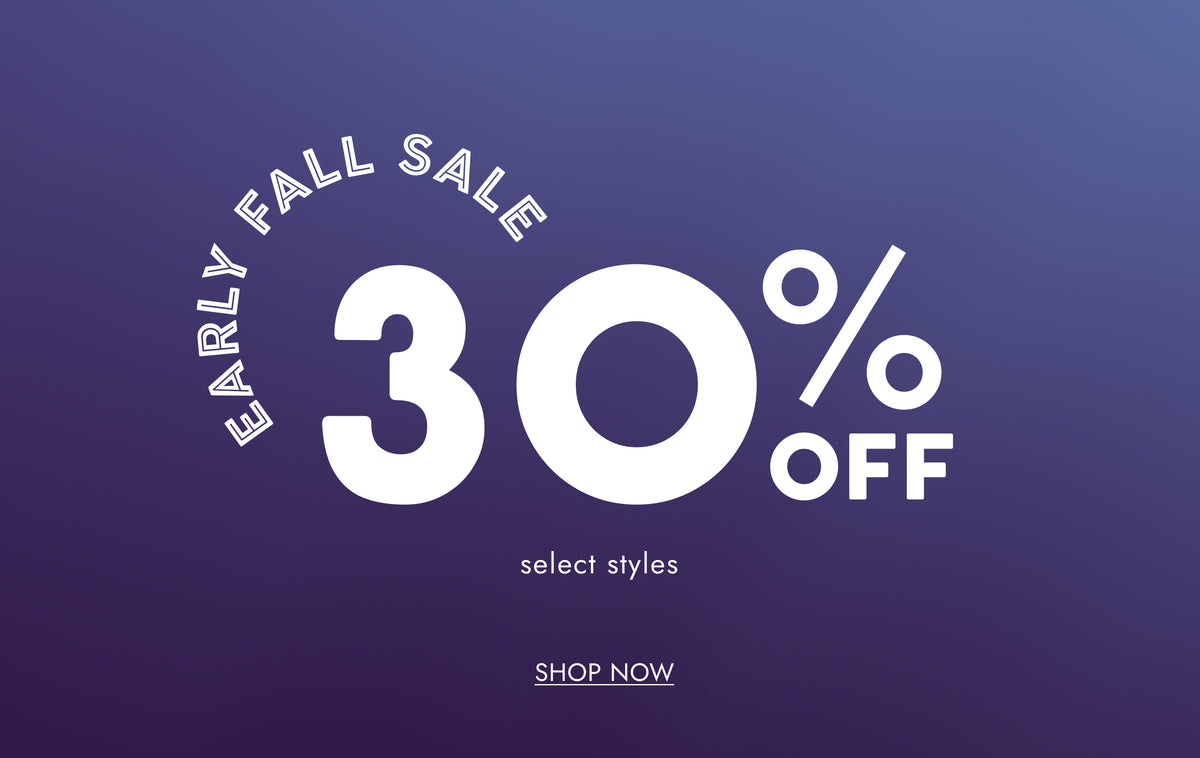 Promotional sale graphic with large white text reading 'EARLY FALL SALE 30% OFF' and smaller 'SHOP NOW' on a purple gradient background.