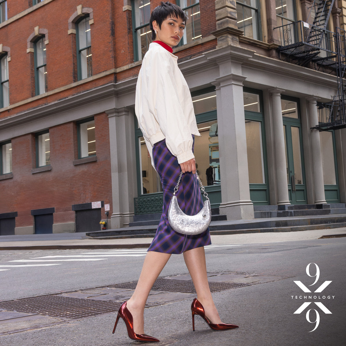 Editorial banner featuring model wearing Hanas 9x9 d'Orsay Pumps