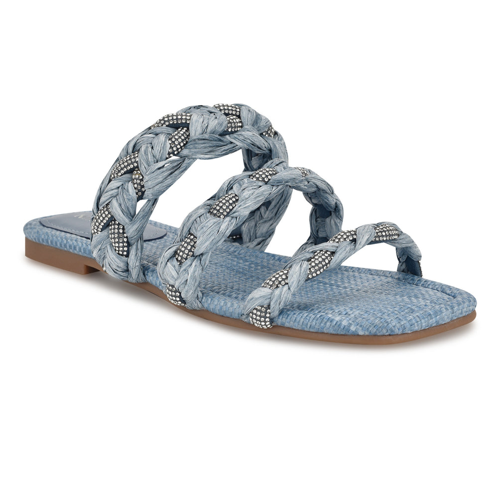 Women's Qazz Flat Slide Sandals - Blue Raffia | Nine West