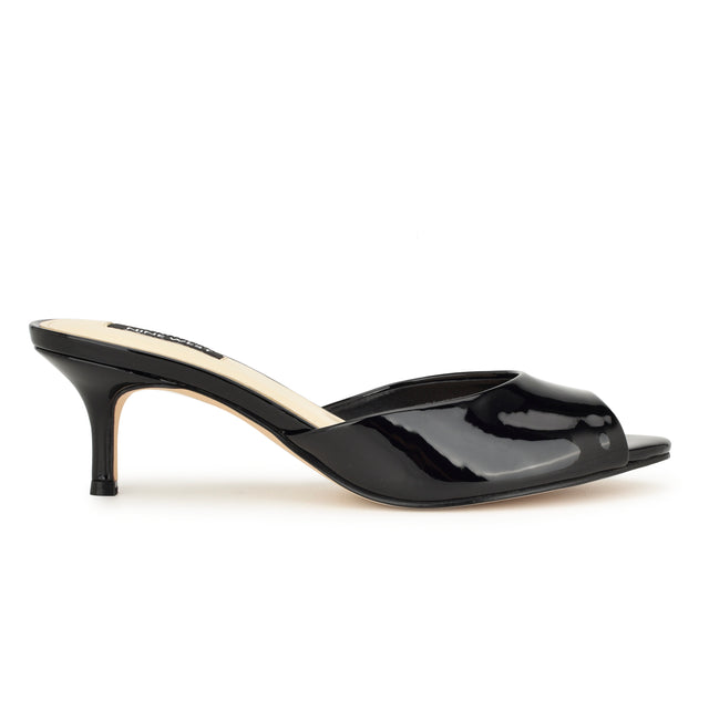 A black sandal with a small stiletto heel