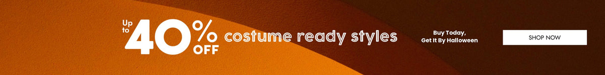 Promotional banner with the text 'Up to 40% OFF costume ready styles - Buy Today, Get it by Halloween' in white over a warm orange-to-brown gradient background.
