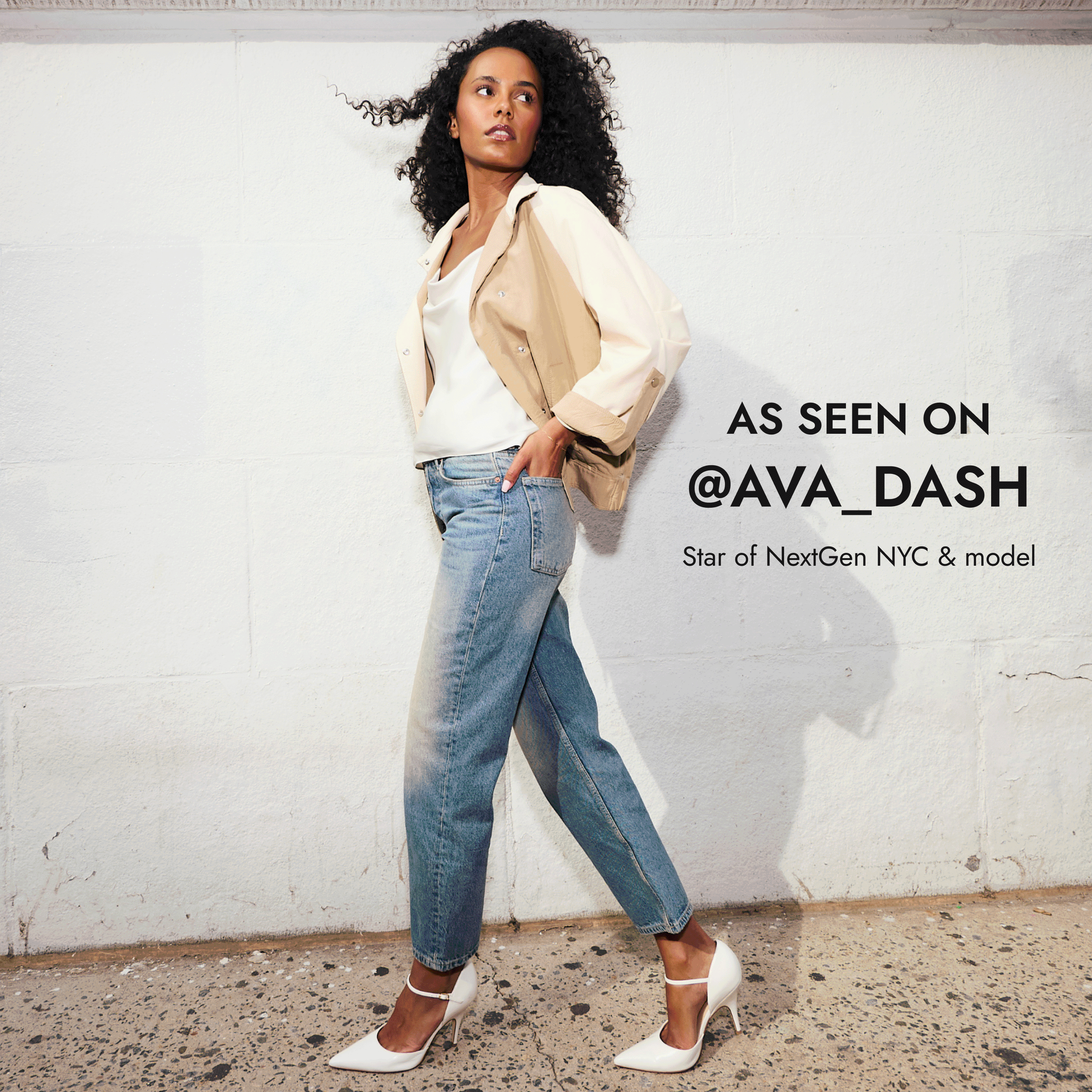 Editorial Banner featuring Ava Dash wearing Pariss Leather Pumps