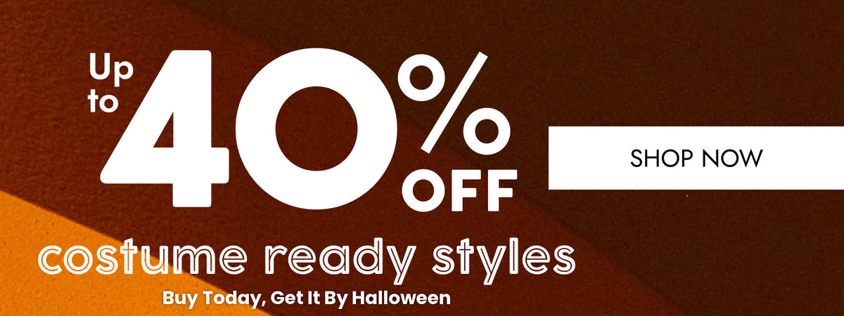 Promotional banner with the text 'Up to 40% OFF costume ready styles - Buy Today, Get it by Halloween' in white over a warm orange-to-brown gradient background.