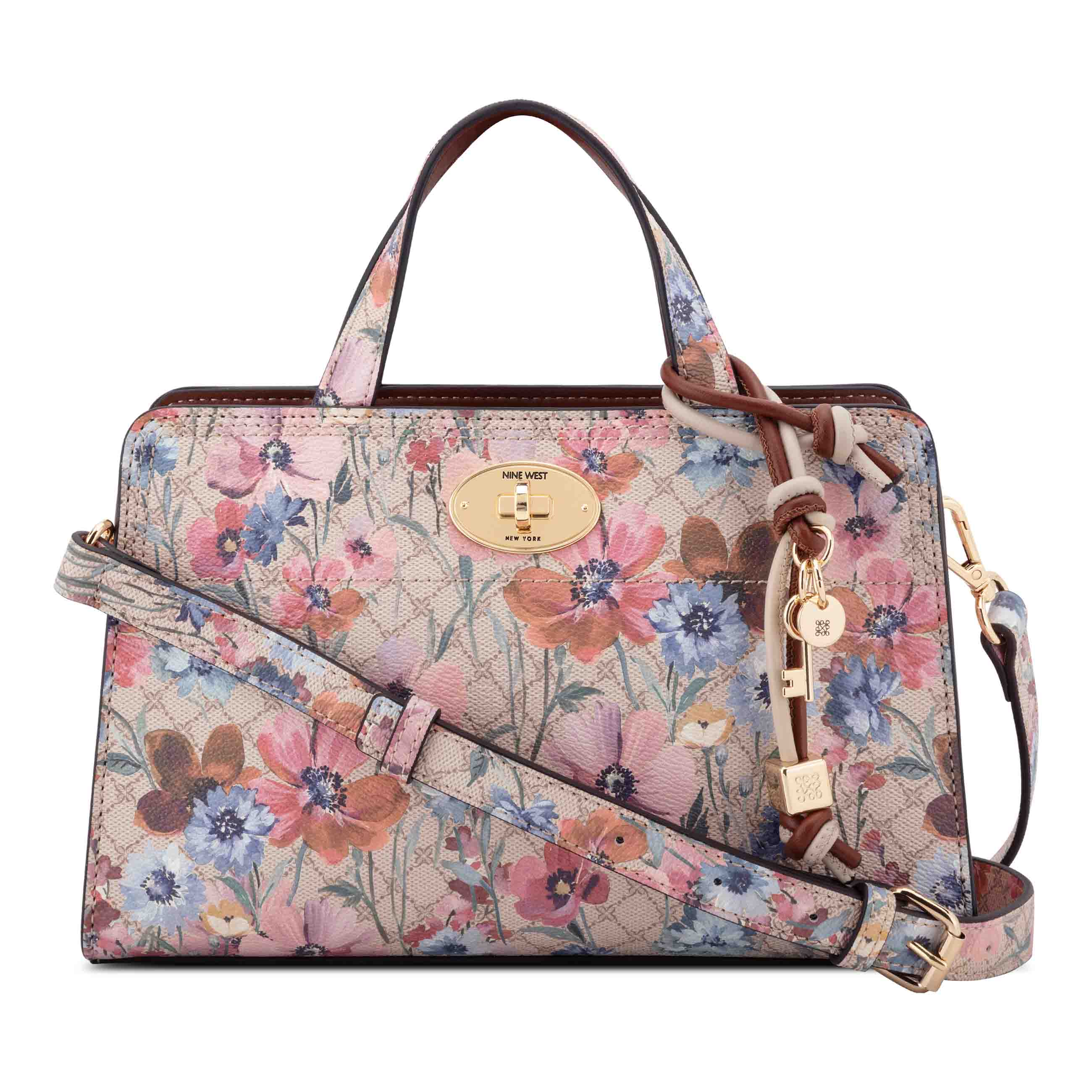 Khora E/W Satchel Crossbody - Floral Logo Chestnut | Nine West
