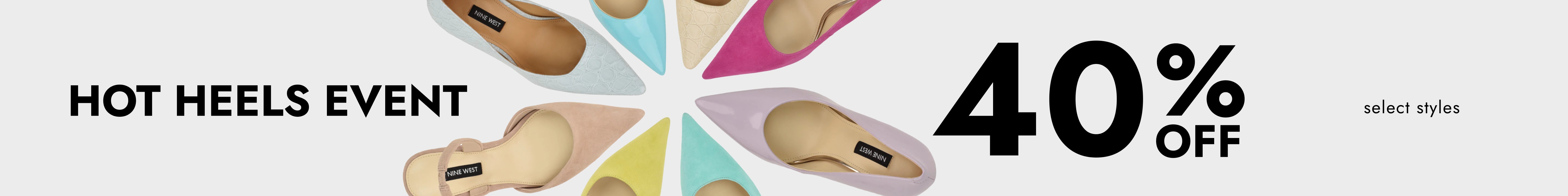 Promotional banner featuring Hot Heels Event 40% off select styles