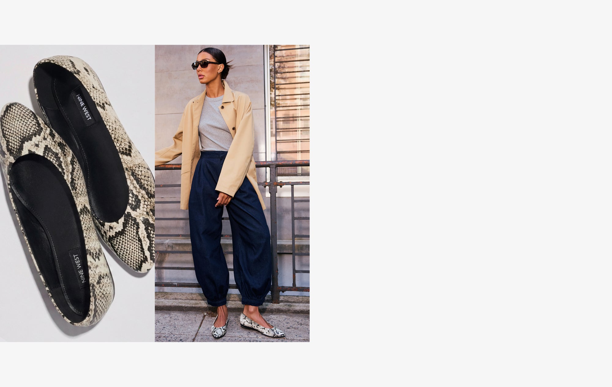 Editorial banner featuring model wearing Valore Ballet flats