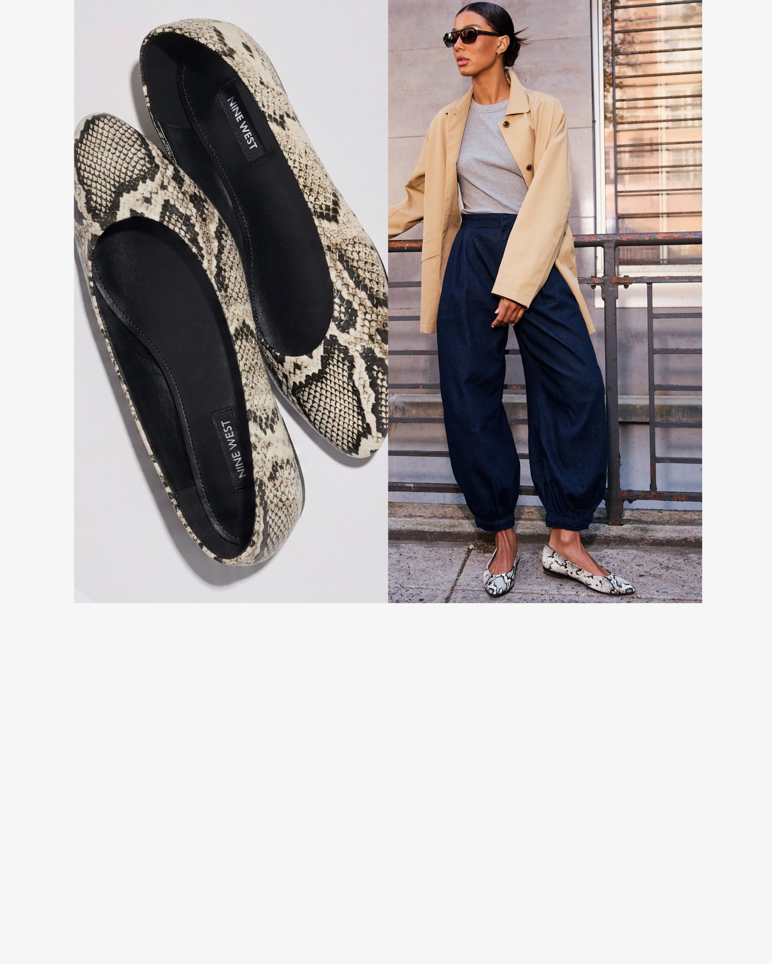 Editorial banner featuring model wearing Valore Ballet flats