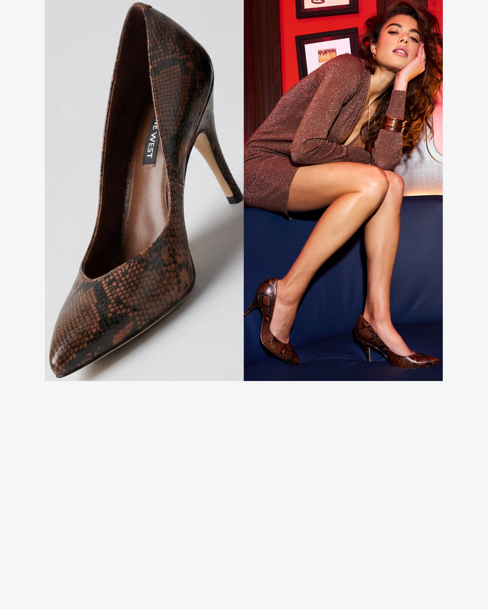 Editorial banner featuring model wearing Tango Pointy Toe Pumps