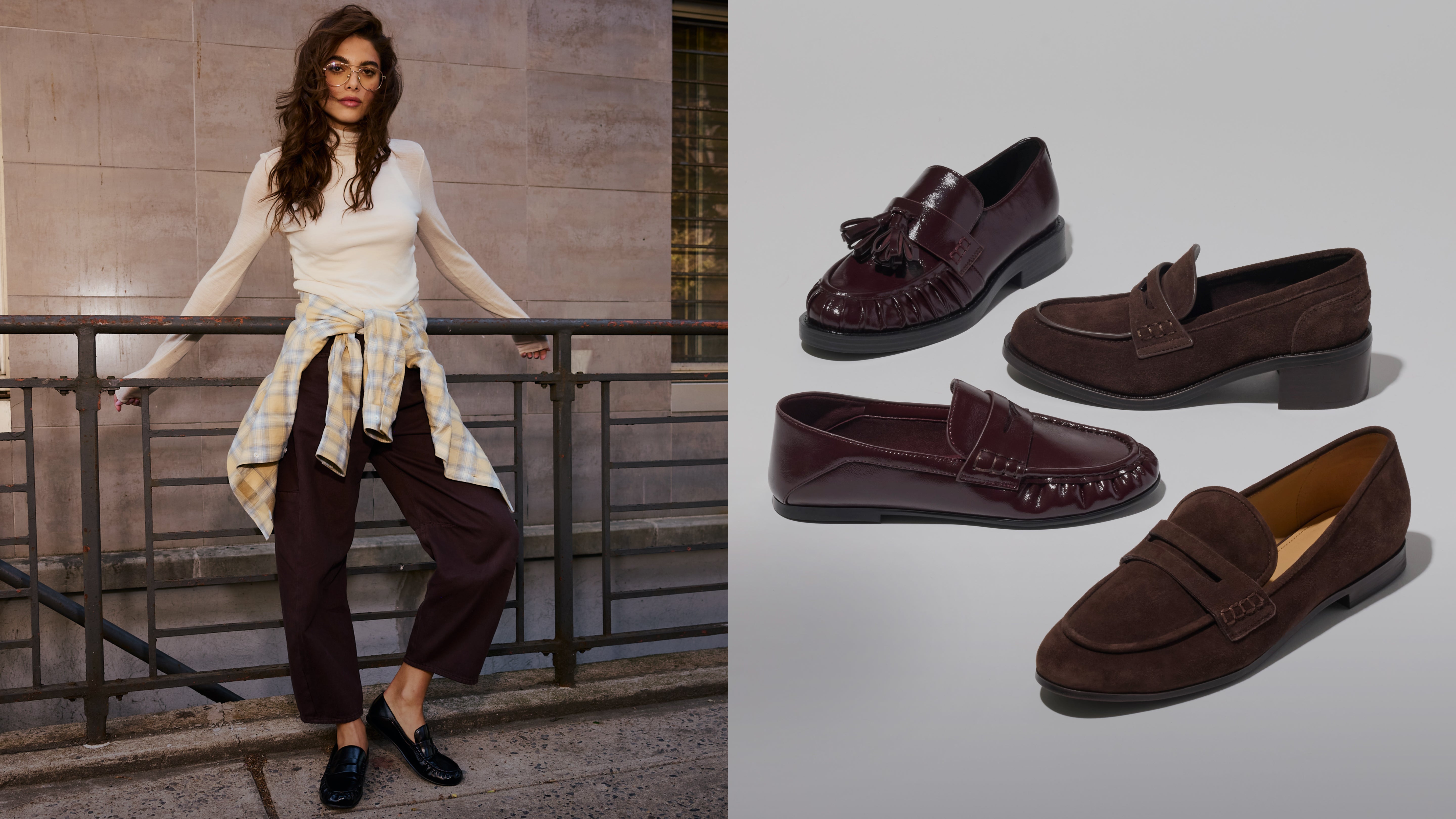 Editorial banner featuring model wearing loafers