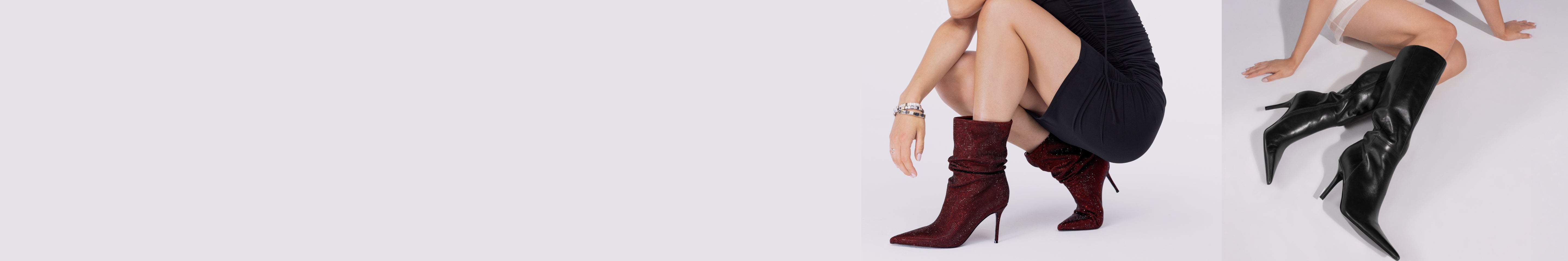Editorial banner featuring model wearing dress boots