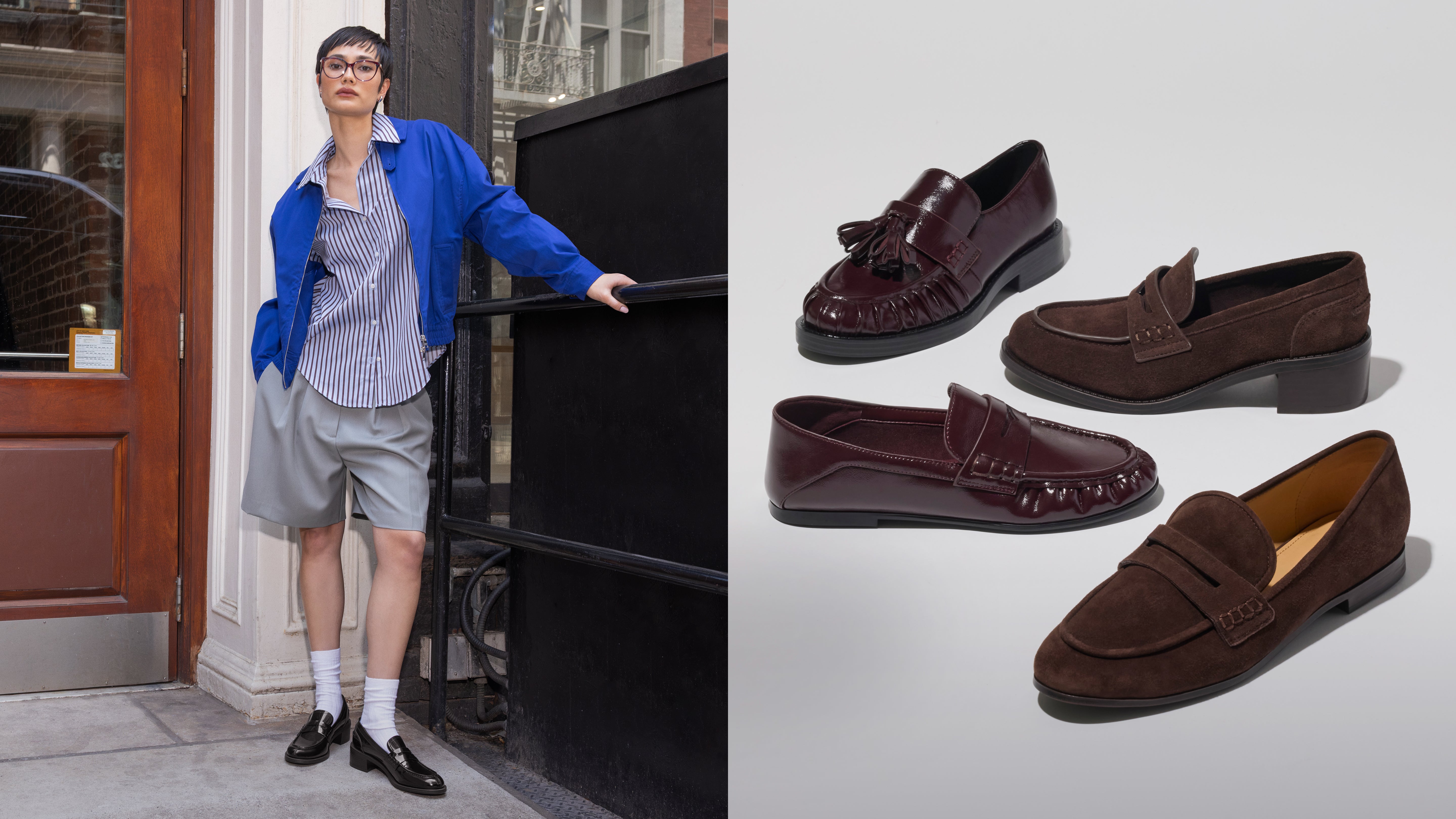 Editorial banner featuring model wearing loafers