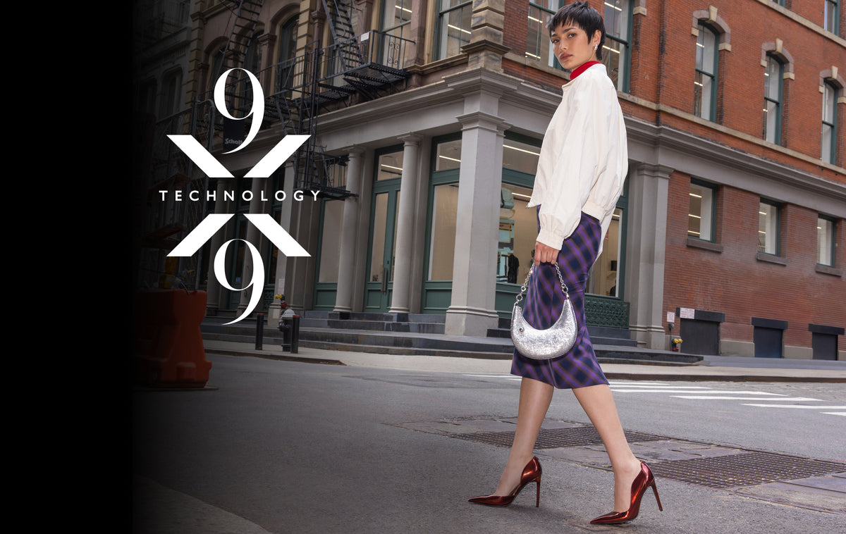 Editorial banner featuring model wearing 9x9 Technology style