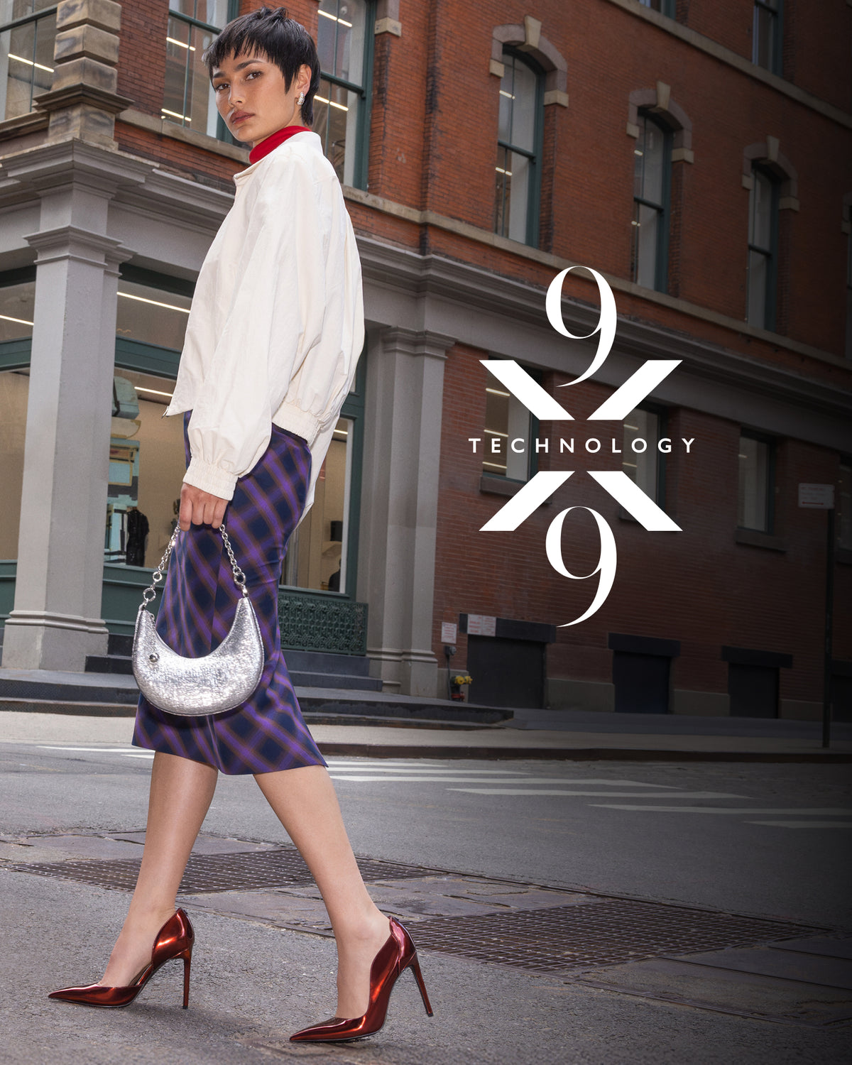 Editorial banner featuring model wearing 9x9 Technology style