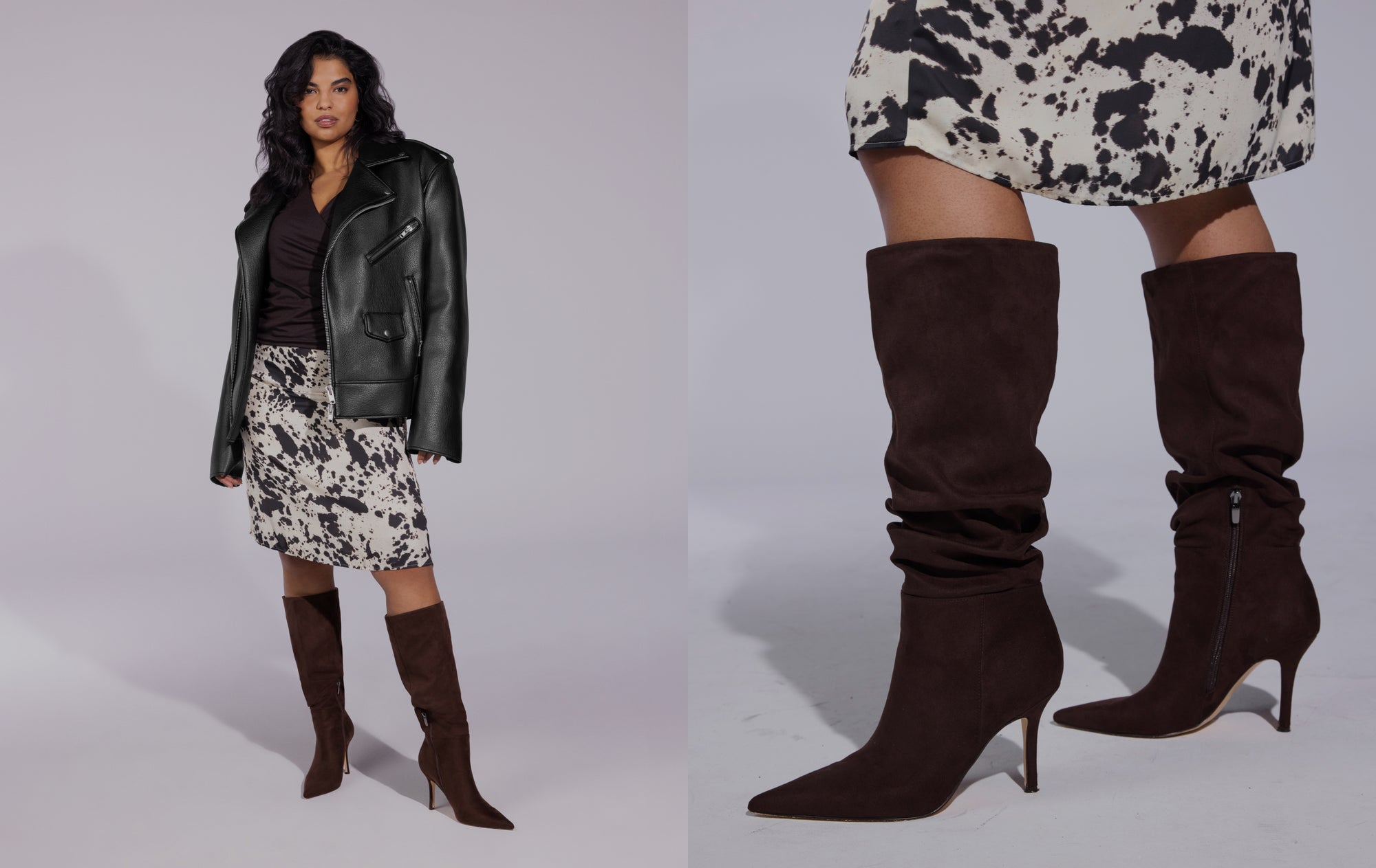 Editorial banner featuring model wearing wide calf boots