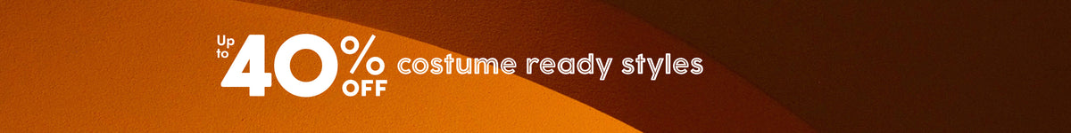 Promotional banner with the text 'Up to 40% OFF costume ready styles' in white over a warm orange-to-brown gradient background.