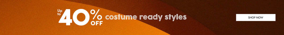 Promotional banner with orange and brown gradient background, large white text reading 'Up to 40% off costume ready styles,' and a white 'SHOP NOW' button on the right.