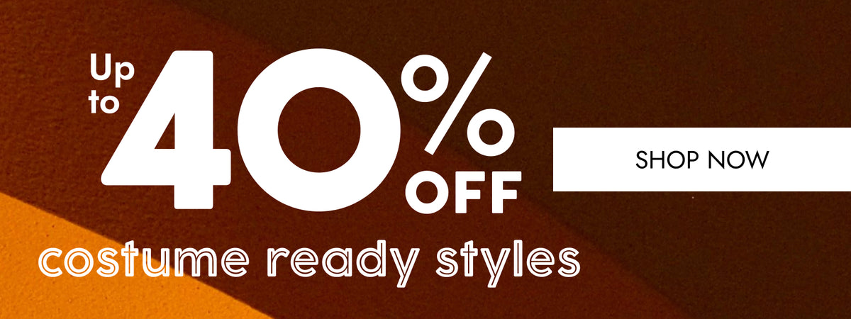 Promotional banner with large white text reading 'Up to 40% off' and 'costume ready styles' on a dark brown background, plus a white 'SHOP NOW' button.