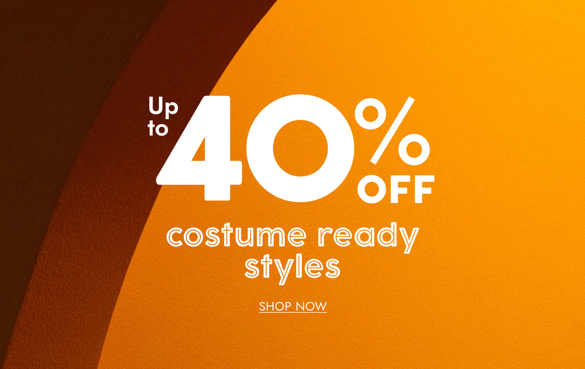 Promotional graphic with a large orange background, a dark brown curved shape on the left, and white text reading 'Up to 40% off costume ready styles' and 'SHOP NOW'.