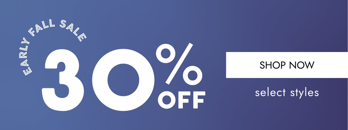 Promotional sale graphic with large white text reading 'EARLY FALL SALE 30% OFF' and a white 'SHOP NOW' box on a blue gradient background.
