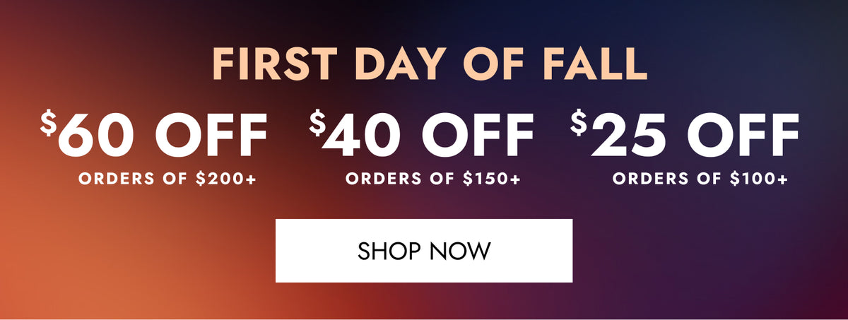 Promotional banner with the text 'FIRST DAY OF FALL' above discount offers: '$60 OFF' for orders of $200+, '$40 OFF' for orders of $150+, and '$25 OFF' for orders of $100+. A white 'SHOP NOW' button is centered on a dark gradient background.