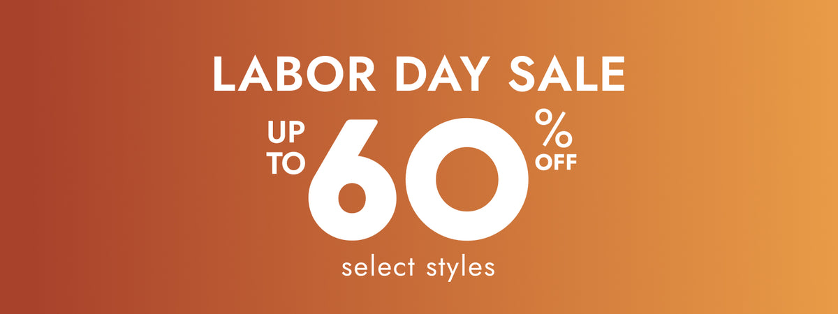 Labor Day Sale promotional banner with large white text reading 'LABOR DAY SALE', 'UP TO 60% OFF', and 'select styles' over a warm orange gradient background.