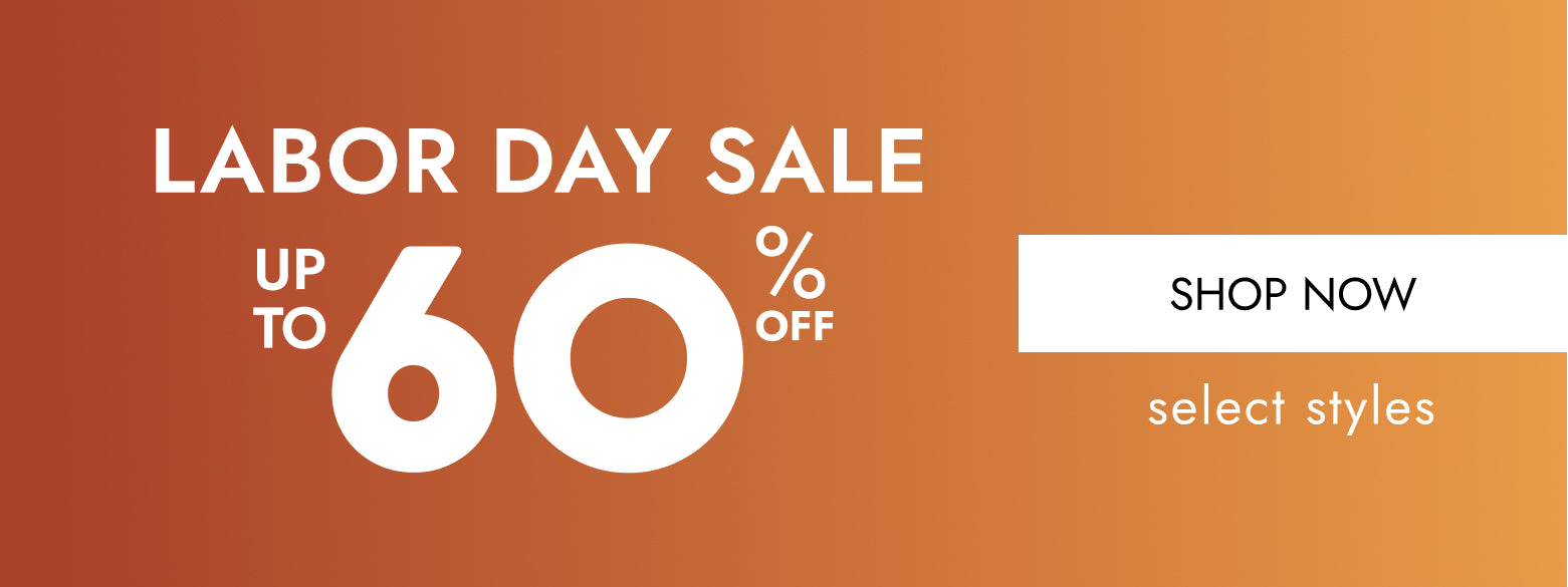 Labor Day Sale promotional banner with large white text reading 'LABOR DAY SALE', 'UP TO 60% OFF', and a white 'SHOP NOW' button on an orange gradient background.