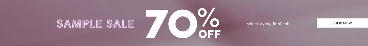 A promotional banner with a mauve-purple gradient background, large white text reading '70% OFF', smaller text 'SAMPLE SALE' on the left, and a white 'SHOP NOW' button on the right.