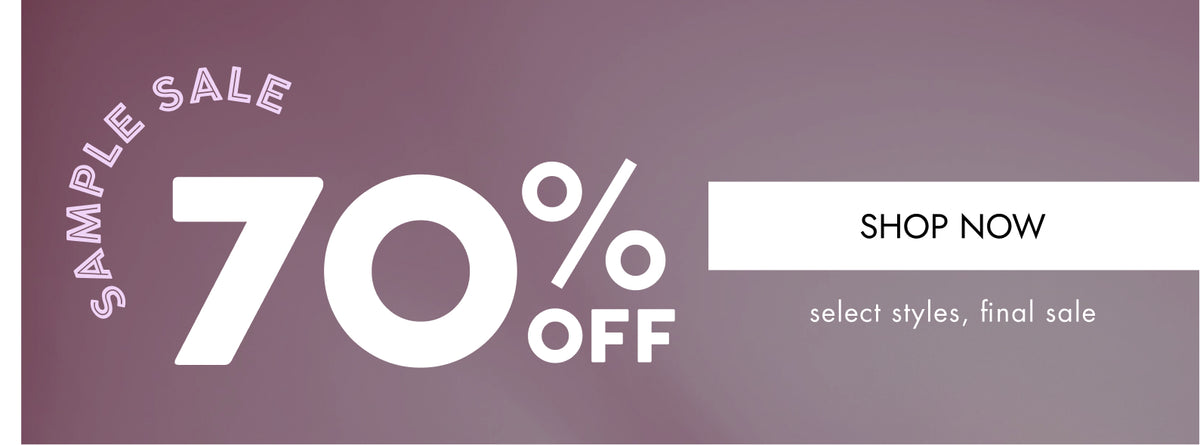 Promotional sale graphic with large white text reading '70% OFF' on a mauve background, curved text 'SAMPLE SALE' on the left, and a white button reading 'SHOP NOW' with smaller text 'select styles, final sale'.