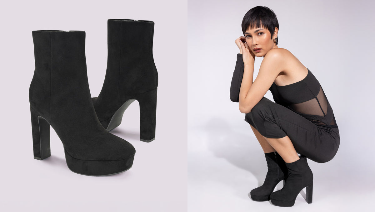 Editorial banner featuring model wearing Platform Boots & Booties style