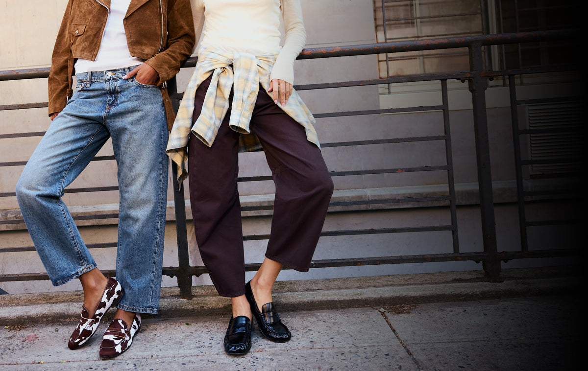 Editorial banner featuring models wearing loafers
