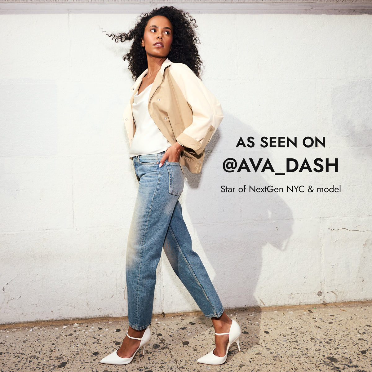 Editorial banner featuring Ava Dash wearing pumps