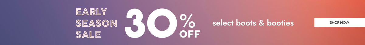 Promotional banner for an early season sale with large white text reading '30% OFF' and smaller text 'select boots & booties' and 'SHOP NOW' on a pink-to-purple gradient background.