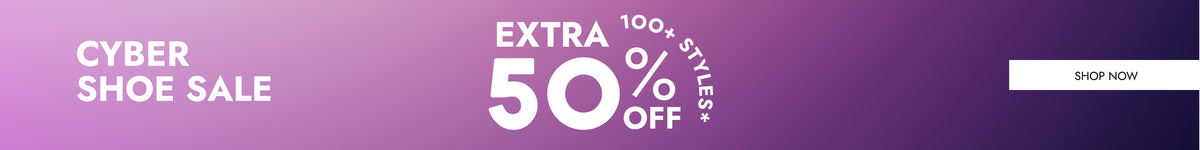 A promotional banner with a purple-to-pink gradient background featuring the text 'CYBER SHOE SALE', 'EXTRA 100+ STYLES', '50% OFF', and a small 'SHOP NOW' button.