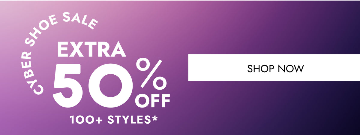 Promotional sale banner with a purple gradient background, white text reading 'CYBER SHOE SALE', 'EXTRA 50% OFF', '100+ STYLES*', and a white 'SHOP NOW' button.