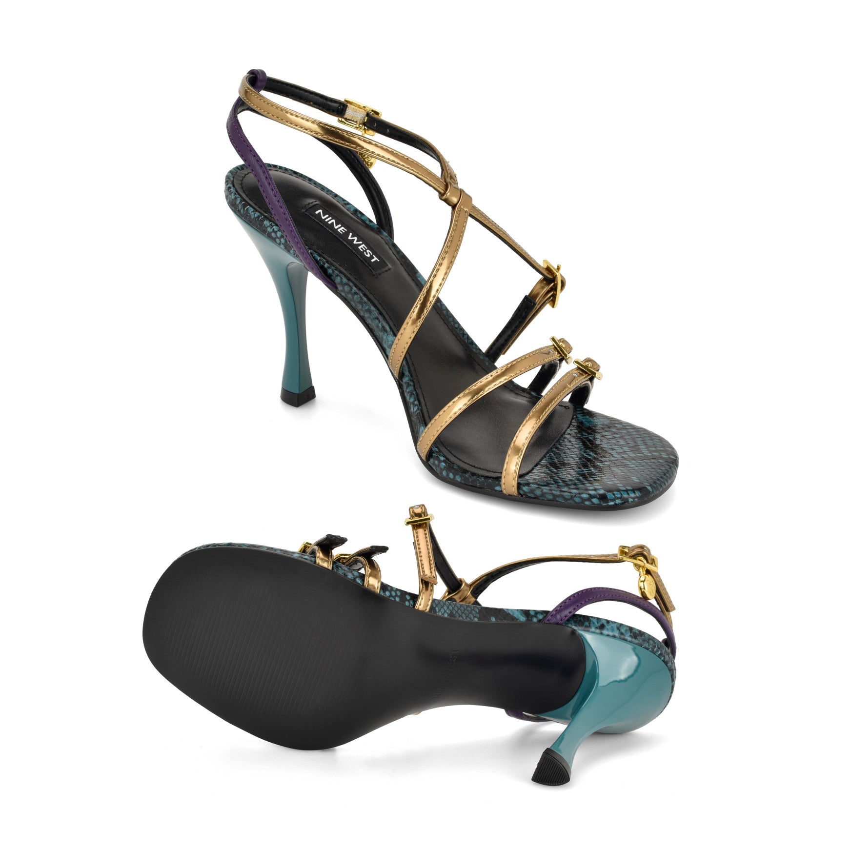 Women's Lavva Strappy Sandals - Gold/Blue Snake | Nine West