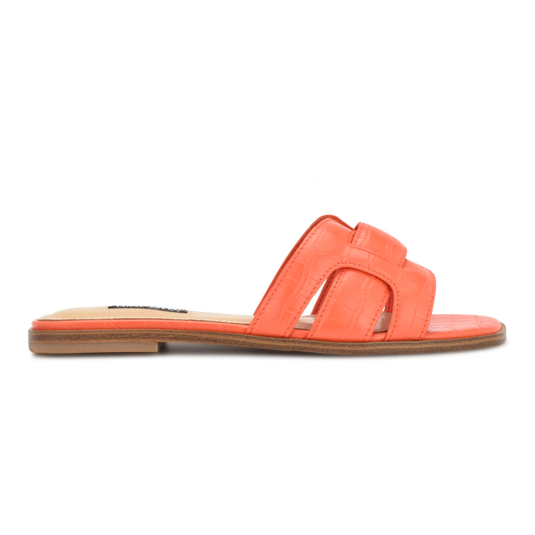 나인웨스트 NINEWEST Germani Flat Slide Sandals,Orange Croco