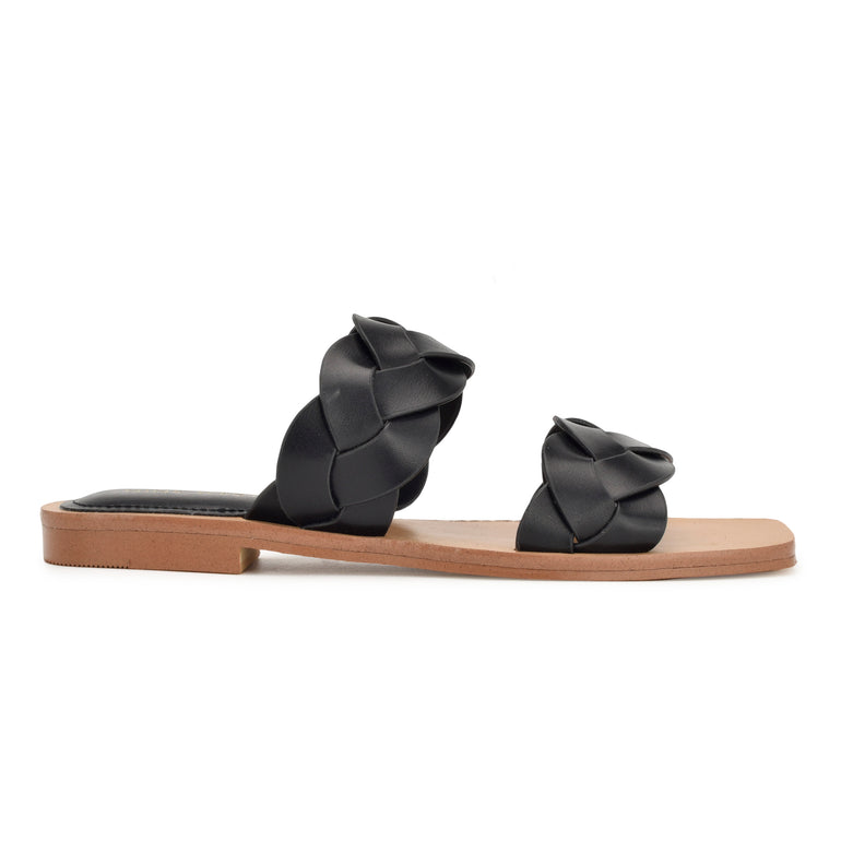 나인웨스트 NINEWEST Royal Flat Slide Sandals,Black Woven