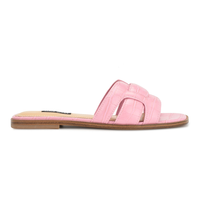 나인웨스트 NINEWEST Germani Flat Slide Sandals,Medium Pink Croco