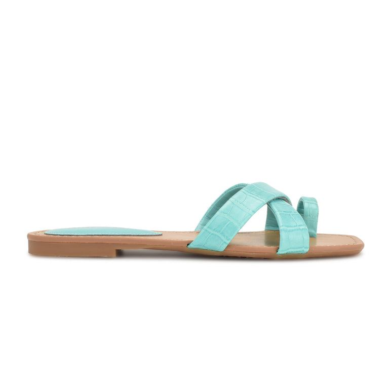 나인웨스트 NINEWEST Dotty Flat Slide Sandals,Aqua Blue Embossed Croco