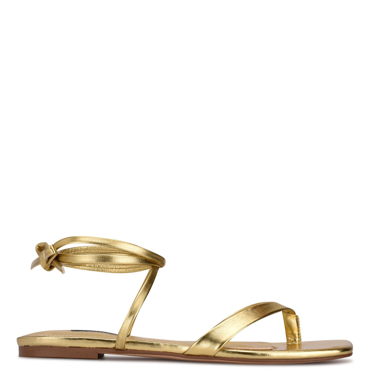 나인웨스트 NINEWEST News Ankle Wrap Flat Sandals,Gold