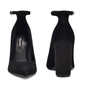 Pointed Toe Ankle Strap Block Heel Pumps - Black Suede
