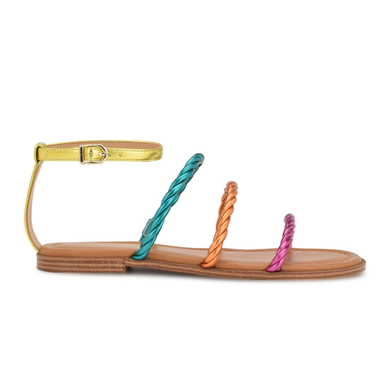 나인웨스트 NINEWEST Ipster Ankle Strap Flat Sandals,Pink Orange Multi Metallic