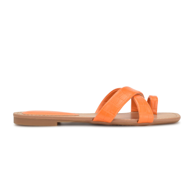 나인웨스트 NINEWEST Dotty Flat Slide Sandals,Orange Embossed Croco