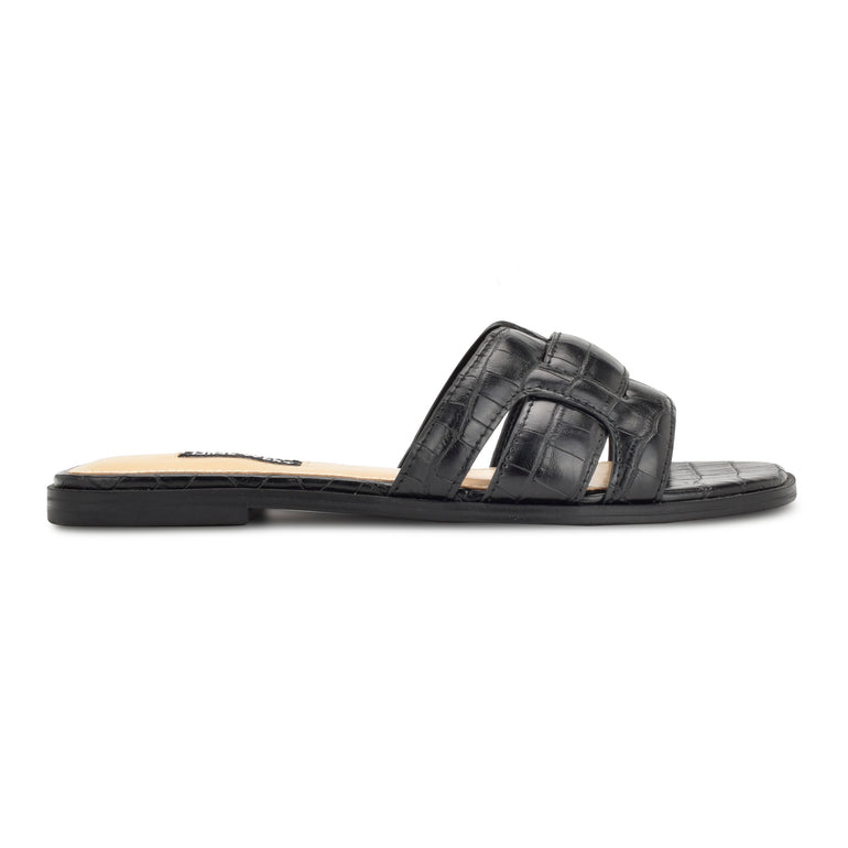 나인웨스트 NINEWEST Germani Flat Slide Sandals,Jet Black